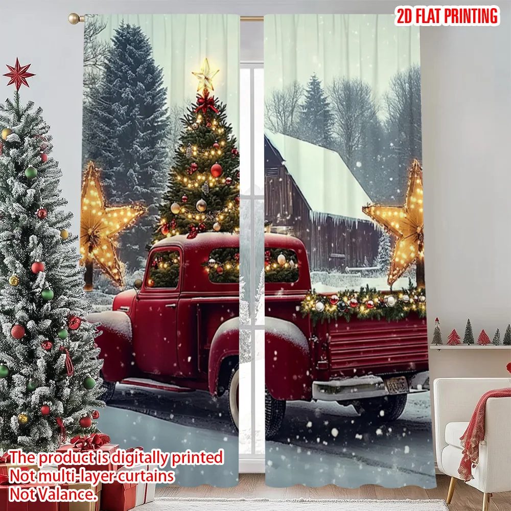 

2pcs 2D flat printing Christmas Window Curtains Snow scene red truck Christmas Versatile Polyester Without Electricity Festive