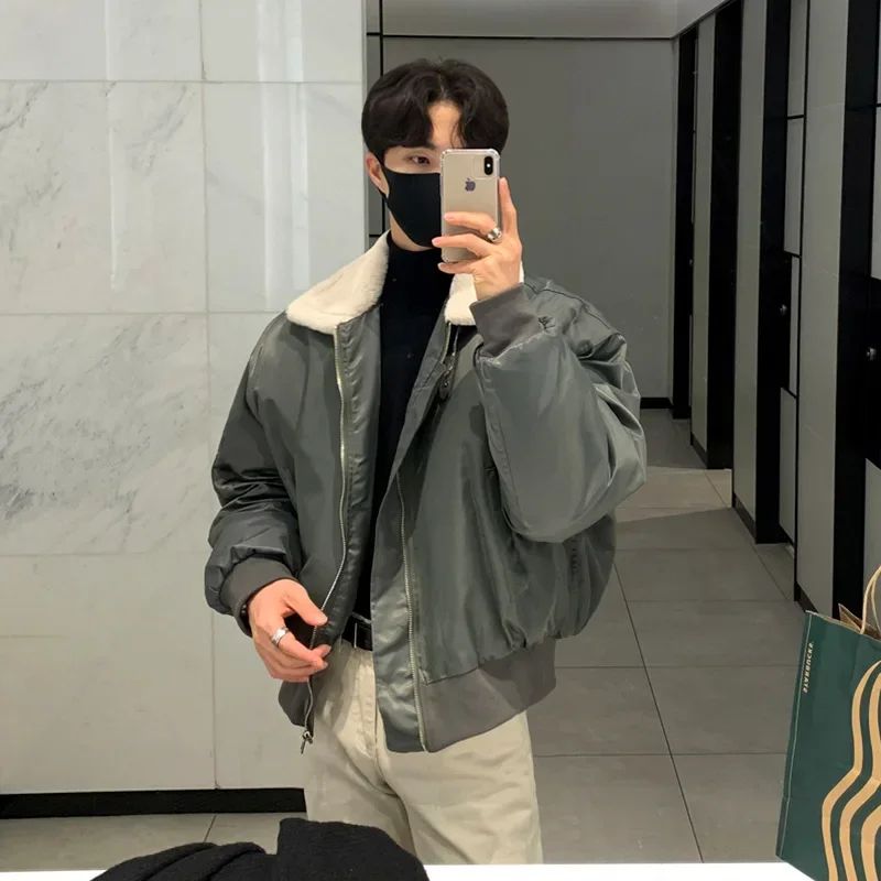 Korean Style Winter Men's Stand Collar Long Sleeve Casual Trendy Simple Basic Thicken Jackets Male Faux Leather Coats Clothes