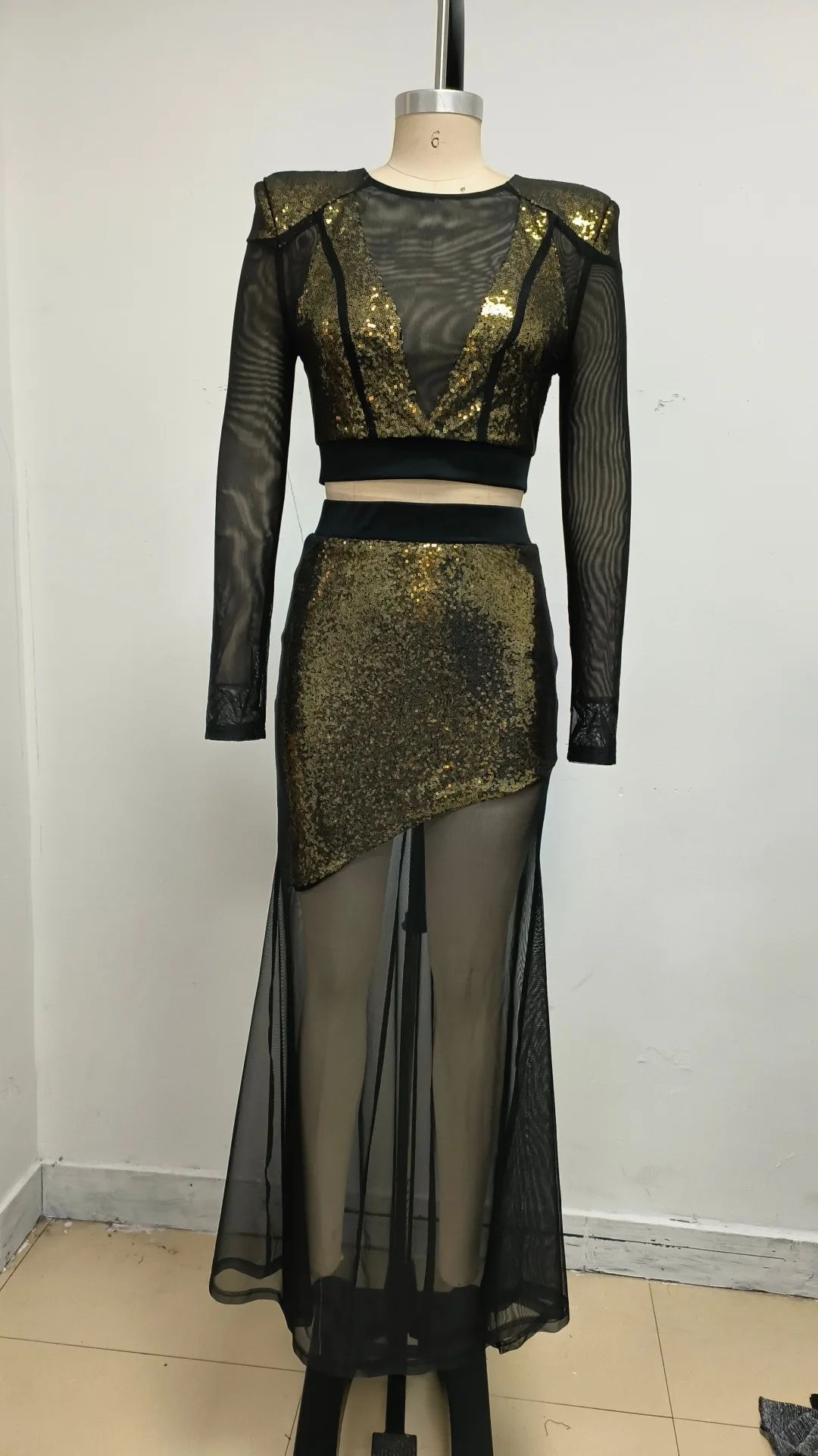 Vestido de Fiesta con Lentejuelas Doradas, Sexy, 2 Piezas, Top con Sujetador + Tul Negro, Mangas Largas, Vestido de Noche Formal para Invitadas de Boda, Cumpleaños