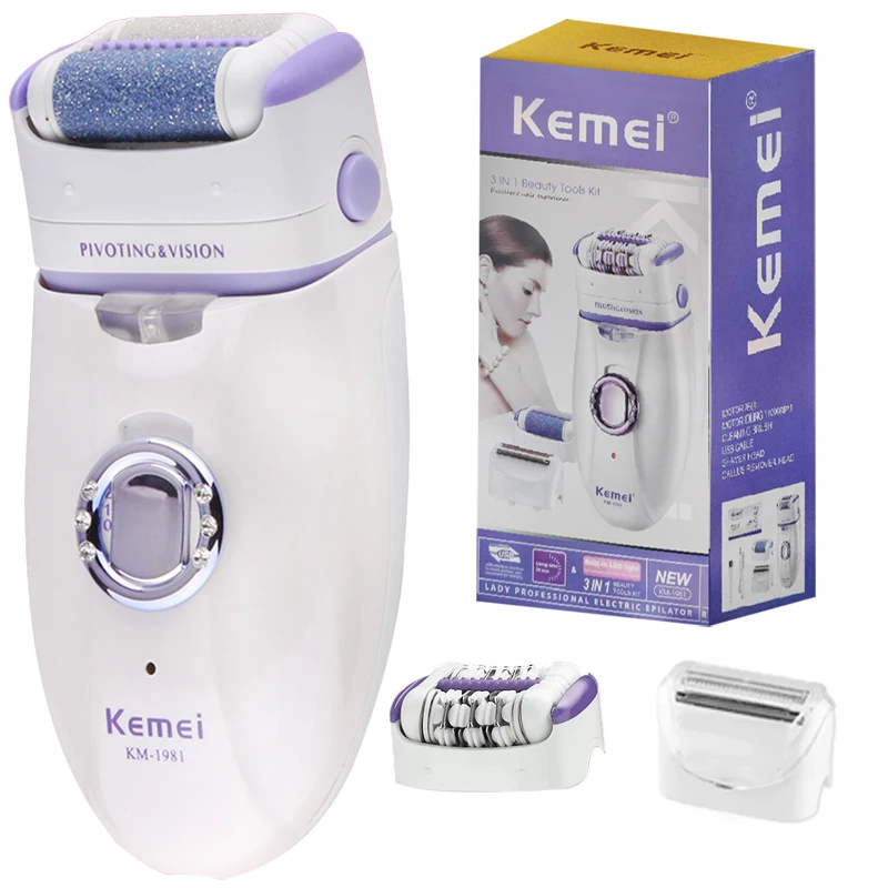 Kemei 1981 3in1 Electric Women Epilator Female Shaver Leg Body Hair Removal Depilatory Lady Bikini Trimmer Foot Callus Removers