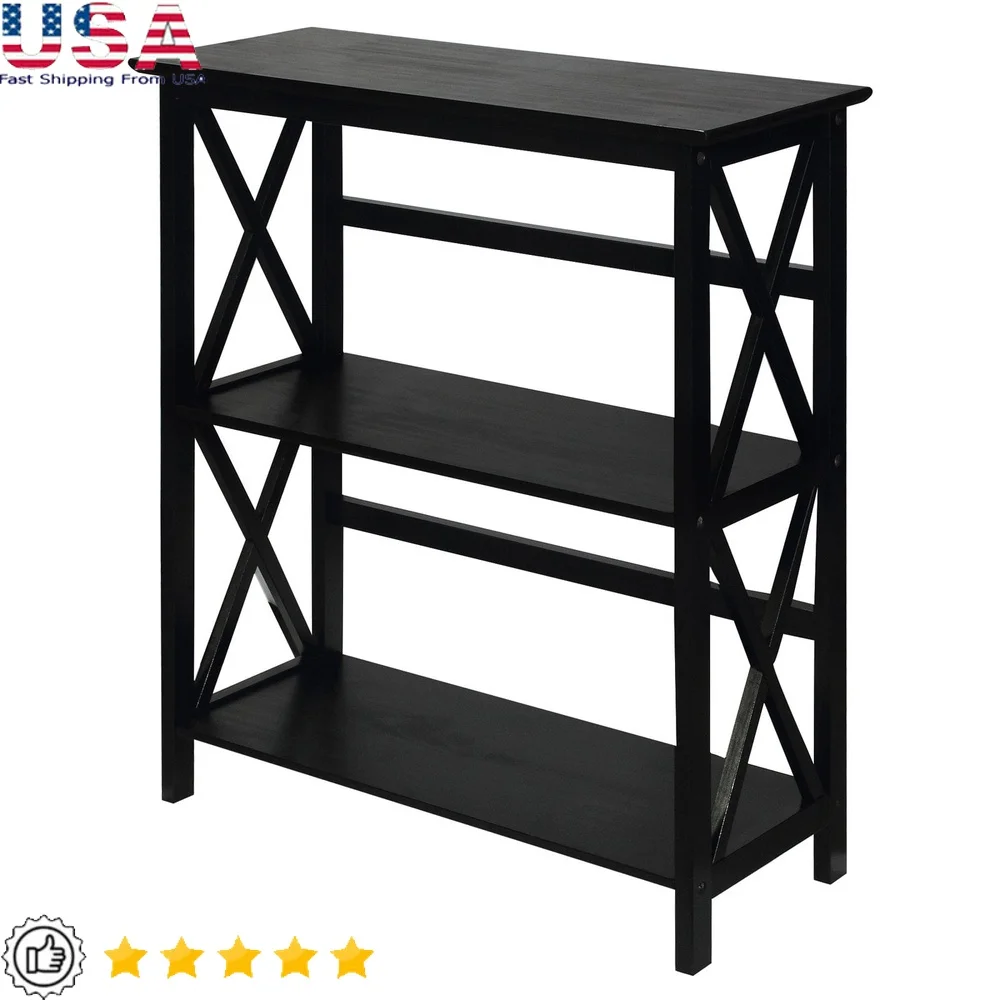 

3-Shelf Bookcase Solid Wood Contemporary X-Design Durable Storage Easy Assembly Perfect Home Kids Room Decor