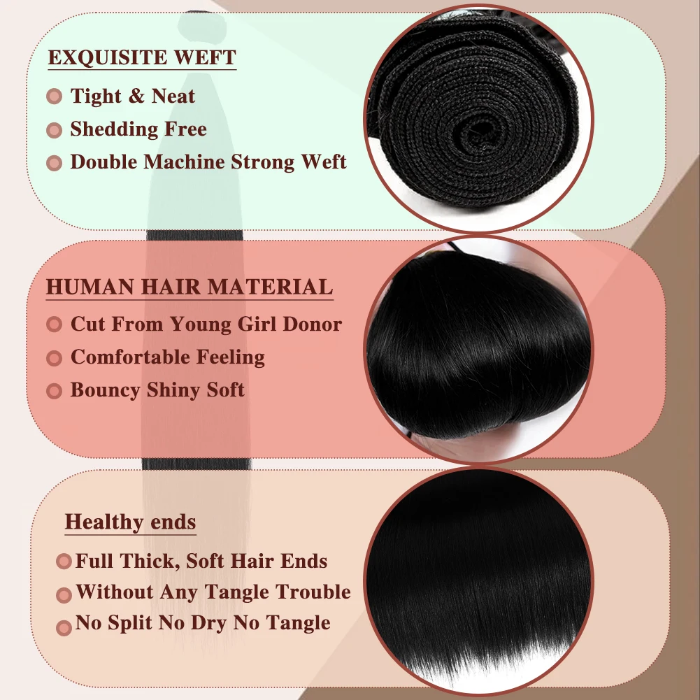 Extensiones de cabello humano liso, extensiones de cabello humano 100% para mujeres, mechones de cabello brasileño, ofertas de cabello crudo