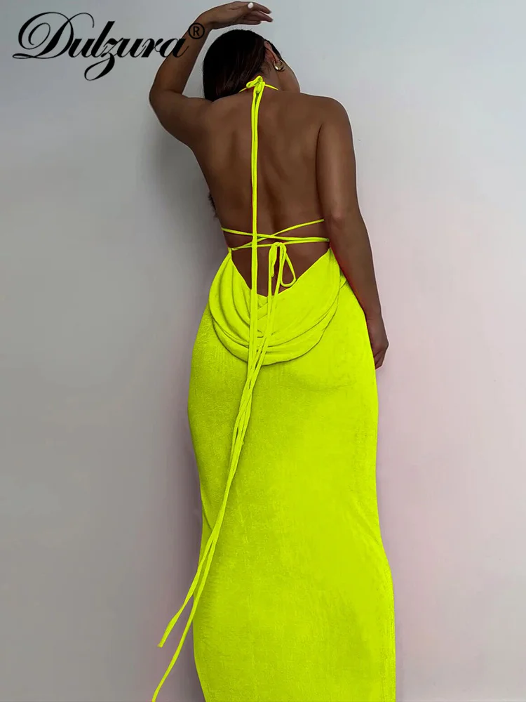 Dulzura zasznurowana Halter neonowa sukienka Maxi Backless Bodycon seksowna impreza wieczorowa elegancka stroje klubowe urodziny odzież festiwalowa