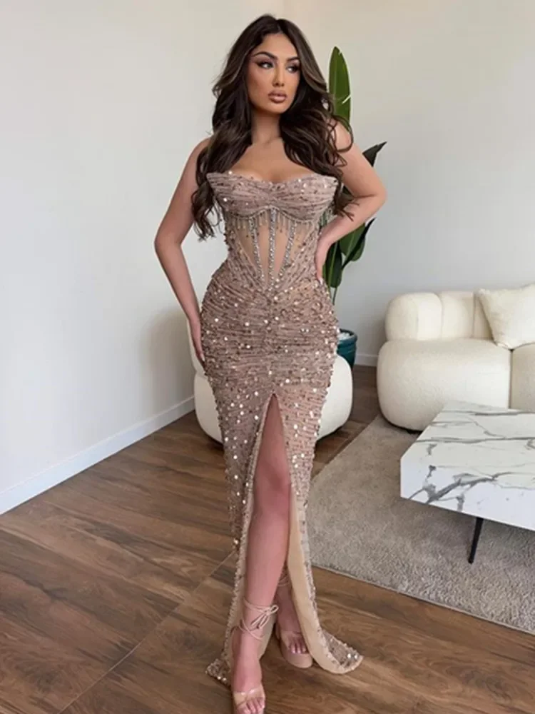 

Luxury Prom Gowns for Women Elegant Strapless Sequines Drapped Split Long Glitter Birthday Celebrity Evening Party Dress