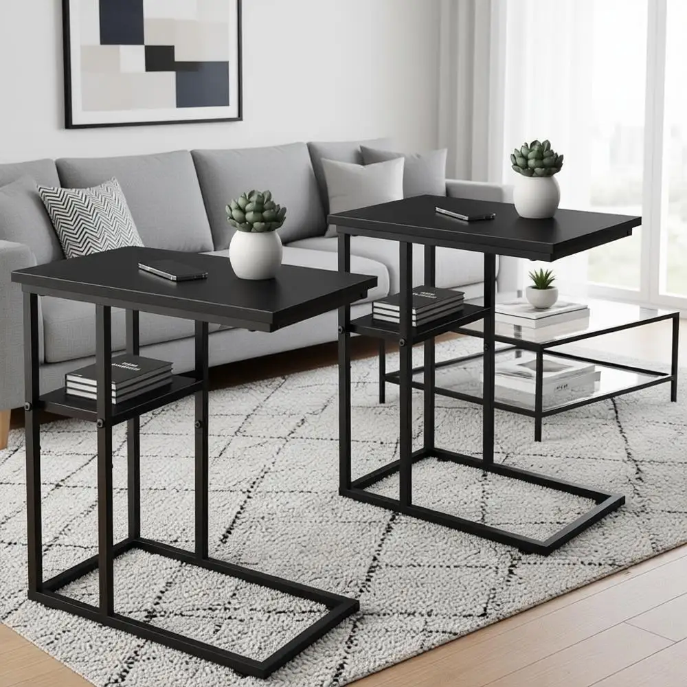 

C Shaped End Table Set of 2, C Table with Storage Shelves for Living Room Bedroom, Sturdy Side Table for Couch Sofa Bed Small Sp