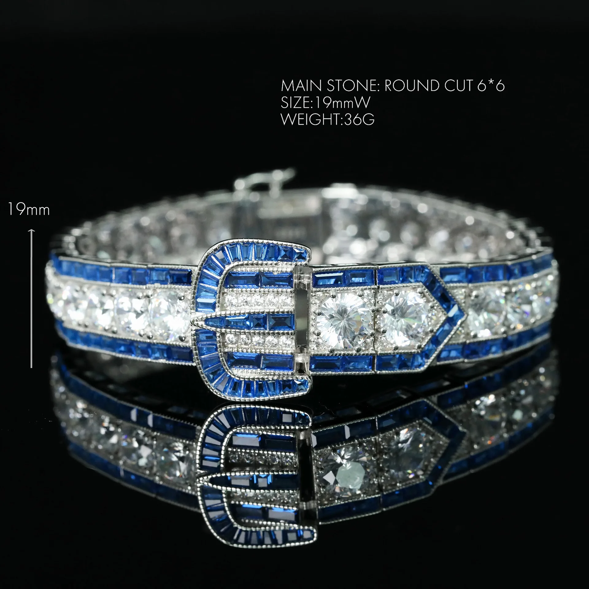 벨룩스 925 실버 골드 도금 합성 지르콘 팔찌 GRC 실험실 재배 스피넬 블루 아트 데코 서양 빈티지 팔찌