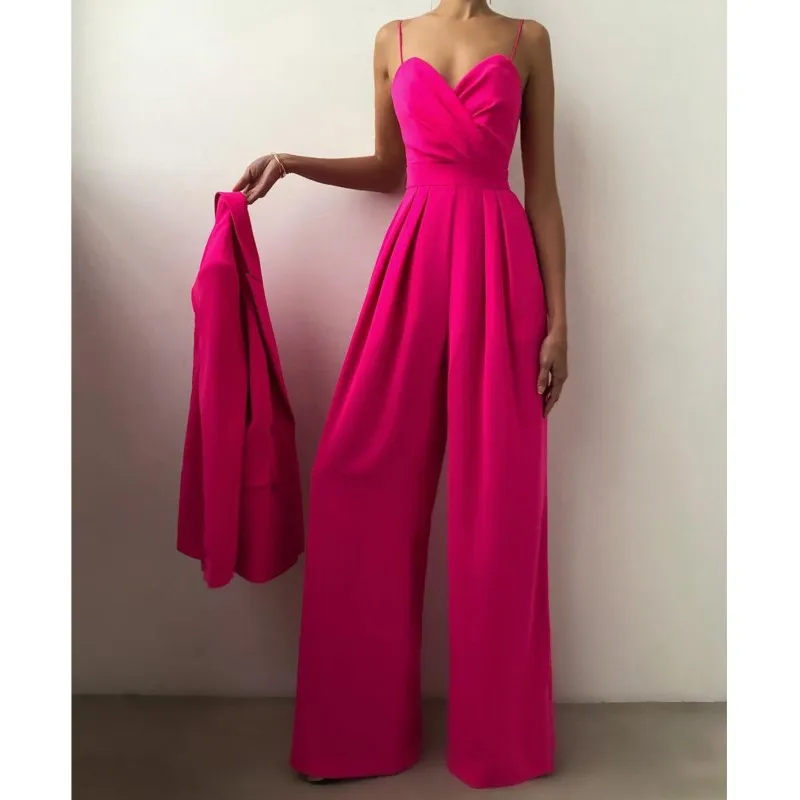 Elegant Fashion Women Straight Jumpsuits 2026 Summer Solid Color Sexy V-neck Backless Sleeveless High Waist Jumpsuit Overalls