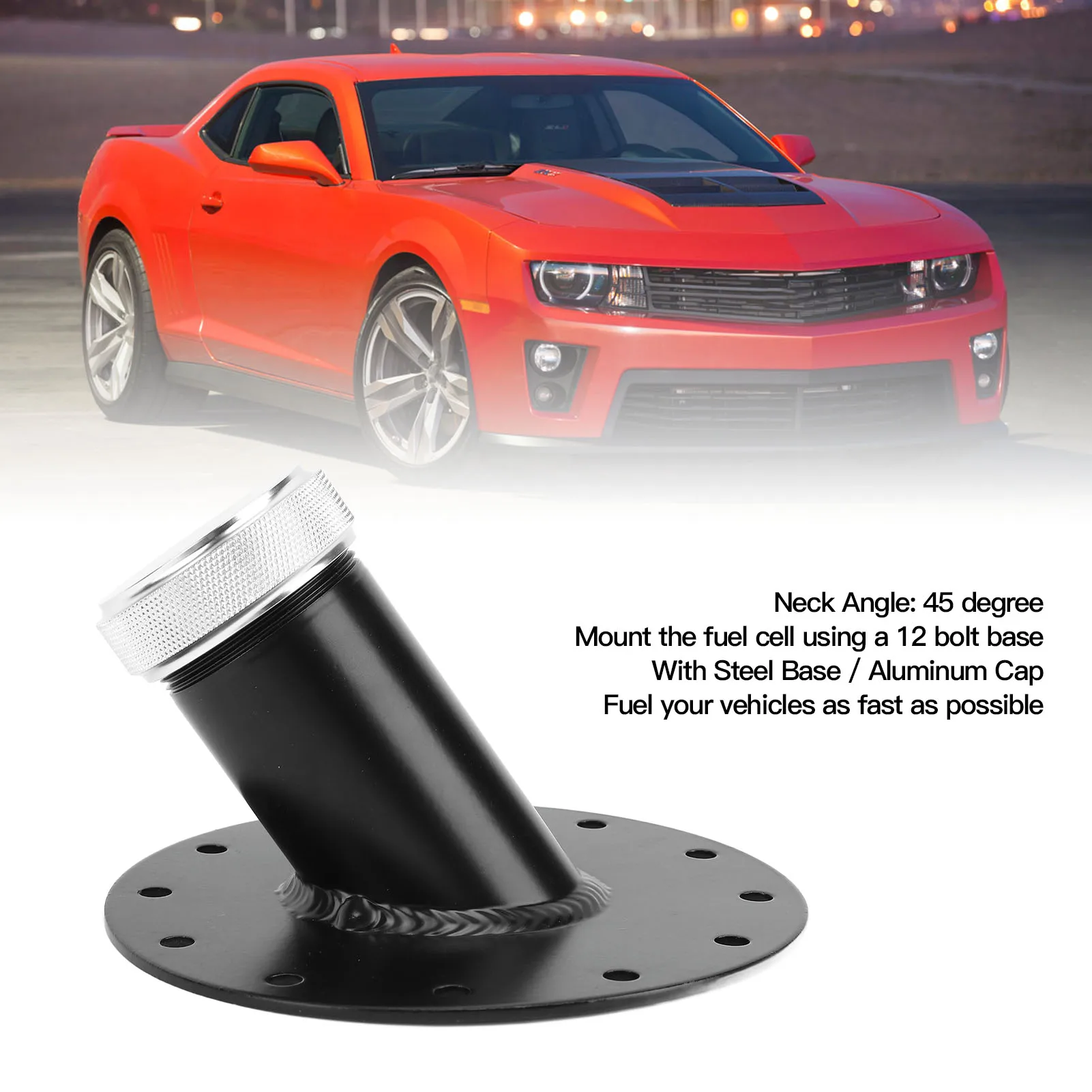 45 Degree Fuel Cell Filler Neck Fuel Cell Gas Tank Filler Neck w/ 12 Steel Base Aluminum 1.5”Inner Diameter Fuel Cell Fille Neck