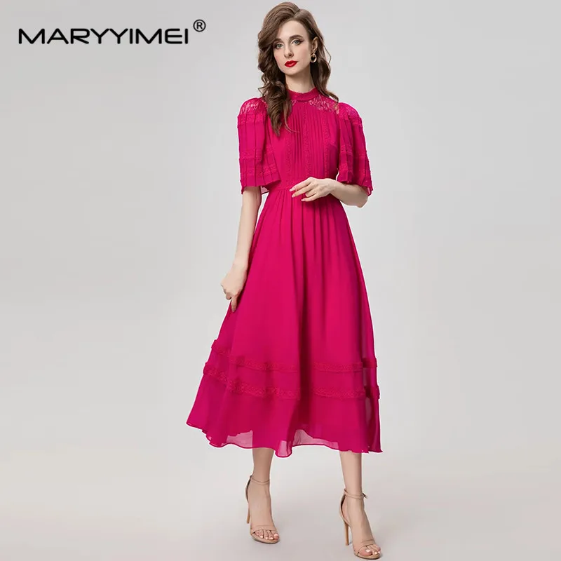 MARYYIMEI New Fashion Runway Designer Dress Women's Stand Collar Short Sleeved Lace Hollow Out Vintage Solid Color Dress