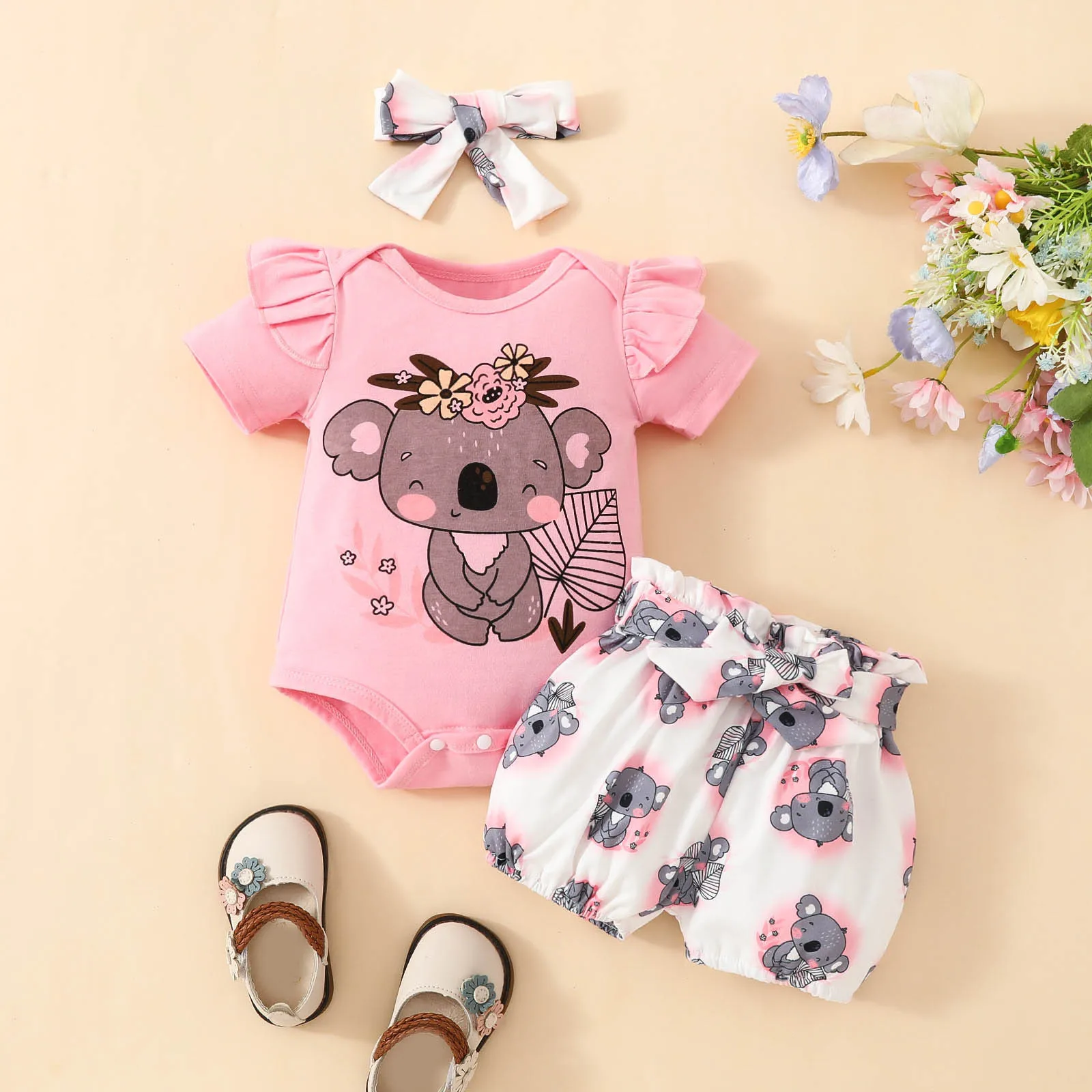 

0-2Years Newborn Baby Girls Clothes Set Cartoon Animal Prints Short Sleeve Romper+Shorts +Headband Summer Lovely 3PCS Outfits