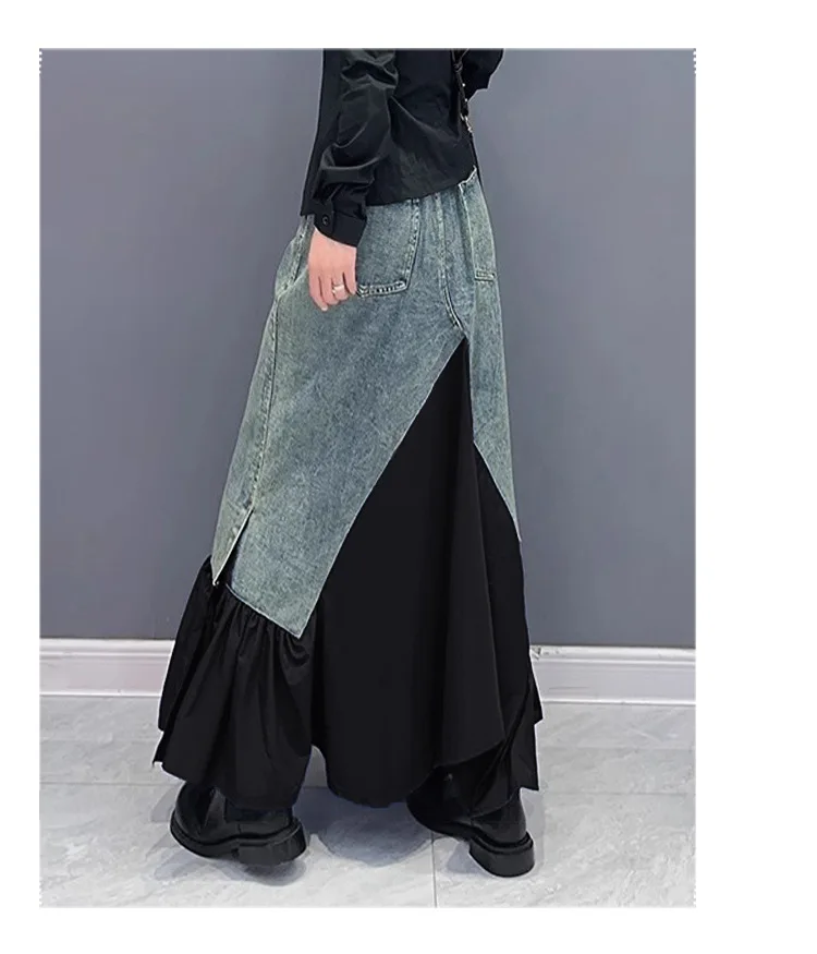 Y2k Langer Rock für Damen, Patchwork, Denim, Faltenröcke, unregelmäßig, A-Linie, Taschen, Vintage, Distressed, gewaschen, weiblich, 2025, Streetwear
