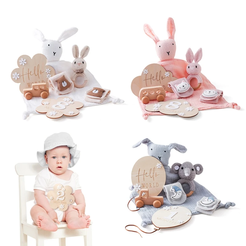 

Newborn Double Sided Cotton Blanket Wooden Ring Crochet Bunny Rattle Toys Bath Brushs Wooden Milestone Cards Baby Birth Gift
