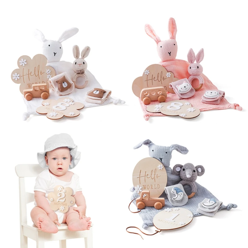 Newborn Double Sided Cotton Blanket Wooden Ring Crochet Bunny Rattle Toys Bath Brushs Wooden Milestone Cards Baby Birth Gift