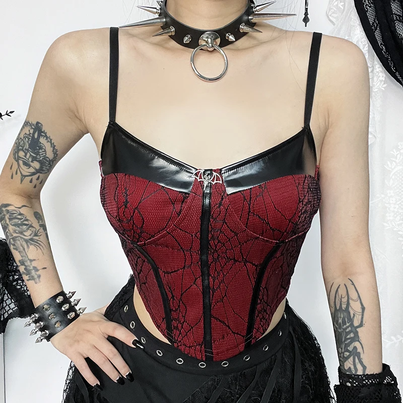 Women's Gothic Tops New Sexy Spice Girls Vest Dark Wind Temperament Slim Leather Splicing Camisole Tops