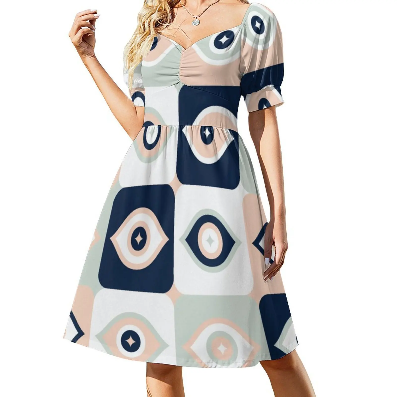 عيون ريترو متقلب – فستان قصير بنمط أحمر الخدود والنعناع والأحمر الداكن على طراز Preppy للنساء على شكل حرف A فستان يوم كاجوال فضفاض من القماش القطني #2