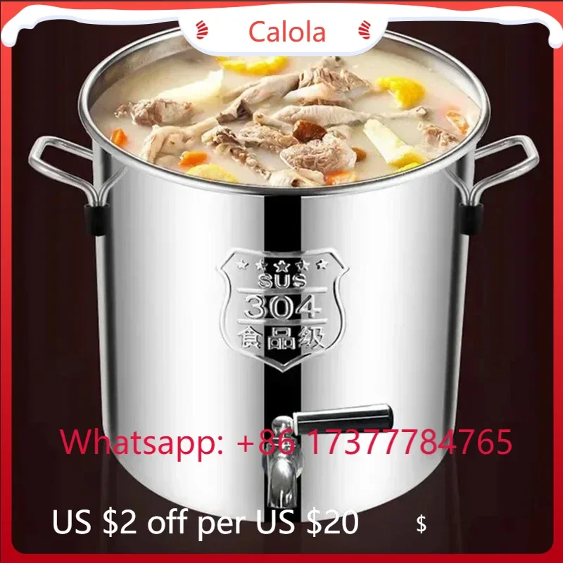304 Stainless Steel Large Capacity Soup Bucket with Lid Dispenser Water Storage Barrel Cookware Pot