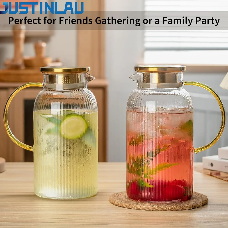 

JUSTINLAU 2L Juice Pitcher High Borosilicate Glass Cold Water Jug Home Tea Pots for Making Tea Kitchen Fridge Drink Storage Pot