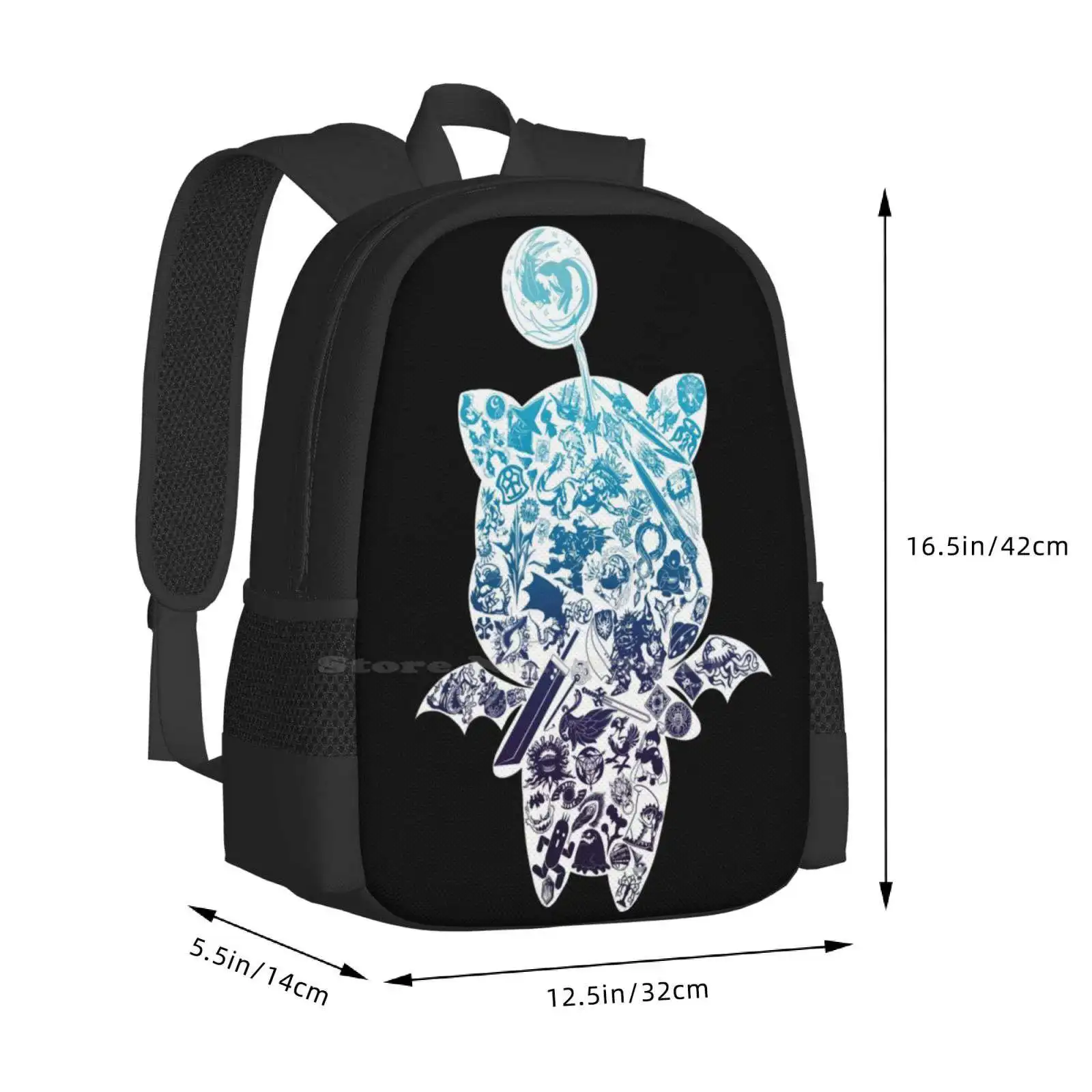 Moogle-Verse ( Blue ) School Bag Big Capacity Backpack Laptop Finalfantasy Moogle Mogry Chocobo Time Blue Black White Jrpg Game