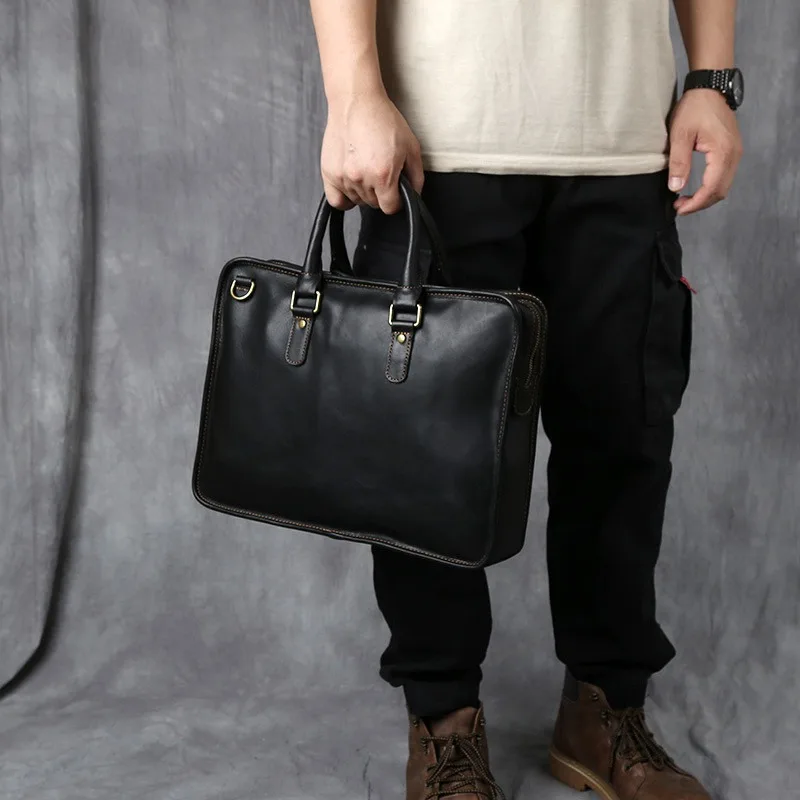 Retro Men's Briefcase Laptop Bag Luxury Brand Bag Top Layer Cowhide Casual Handbag Business Shoulder Leather Cowskin Bag