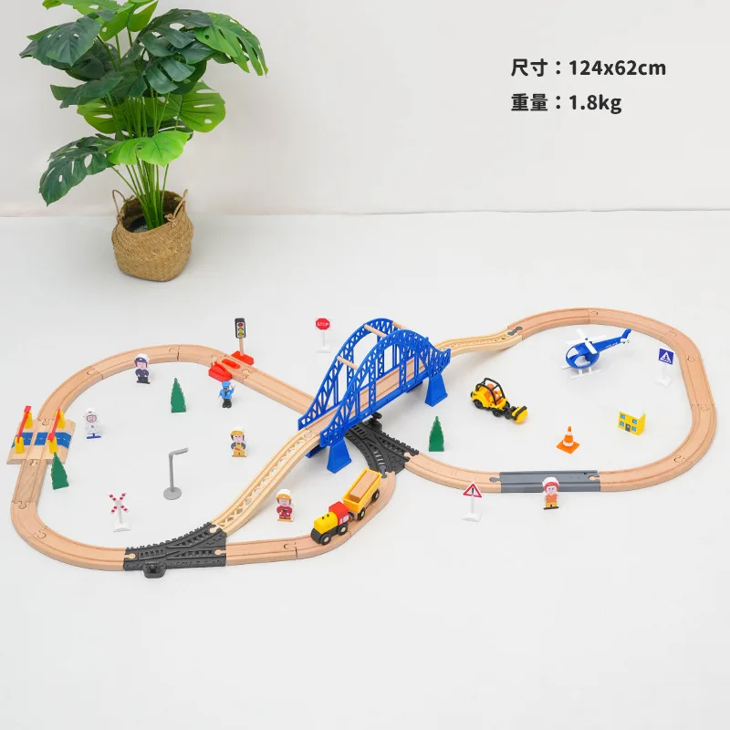 Wooden Train Track City Blue Bridge Scene Set Railway Electric Magnetic Train Toy Suitable For All Brand Wood Rail Toy Boys PD68