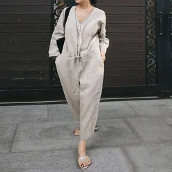 Johnature Korean Simple V-neck Women Jumpsuits 2025 Spring New Loose Button Ankle-length Female Bodysuits