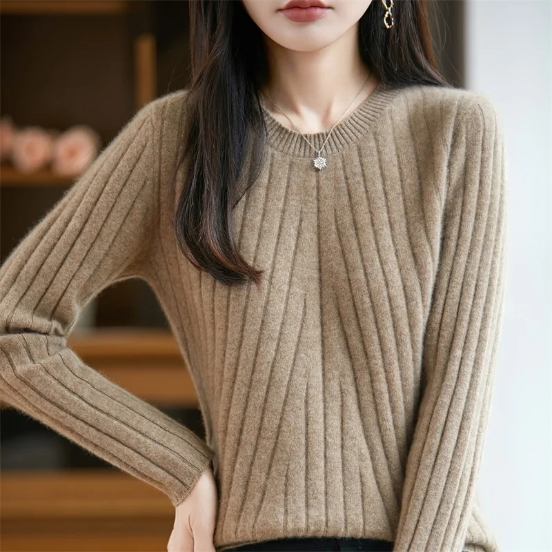 

Autumn Winter 100% Merino Wool Sweater Women's O-Neck Striped Pullovers Knitwear Cashmere Solid Regular Fit Wool Clothes Tops