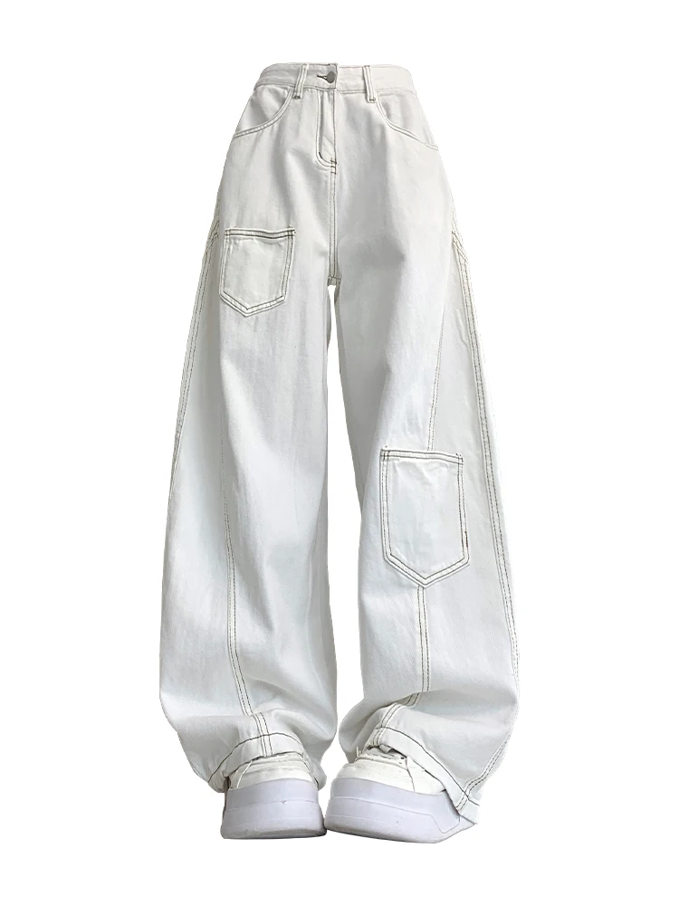 

Women's White Patchwork Pockets Jeans American 90s Y2k Vintage High Waist Scimitar Jeans Summer High Street Loose Wide-Leg Pants