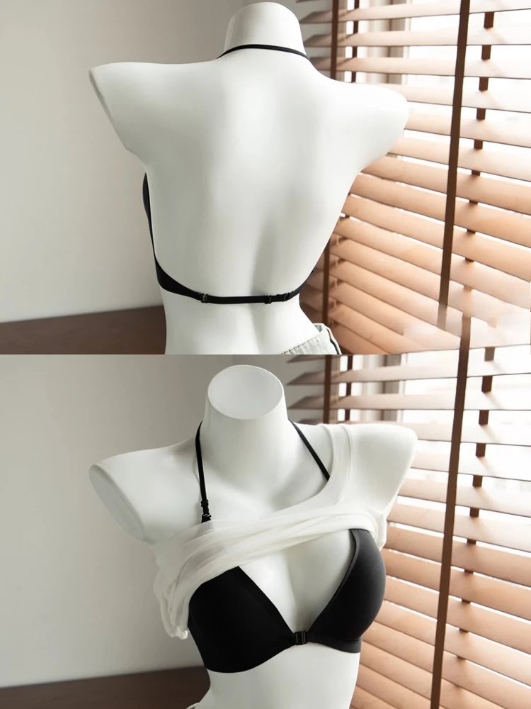 3-Way Convertible Halter Bralette Women Thin Strap Low Back Wireless Bra Side Coverage Anti-Slip Padded Summer Underwear 32-38AB