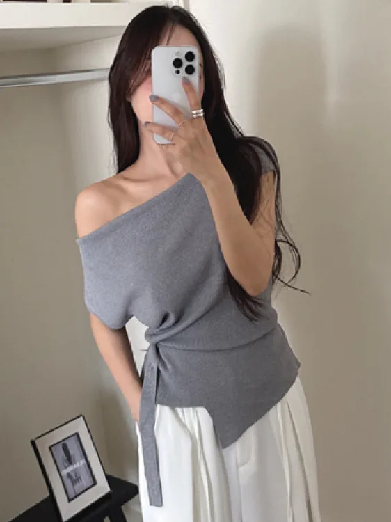 

Summer New Women's Knitted Top Asymmetrical Slit Waist-Cinching Diagonal Collar Pure Desire Sle Faionable Casual Wear
