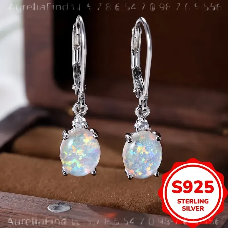 S925 Sterling Silver Round Cut Green Fire Opal Dangle Earrings Rhodium Plated Leverback Gemstone Drop Earrings for Women 2.2g