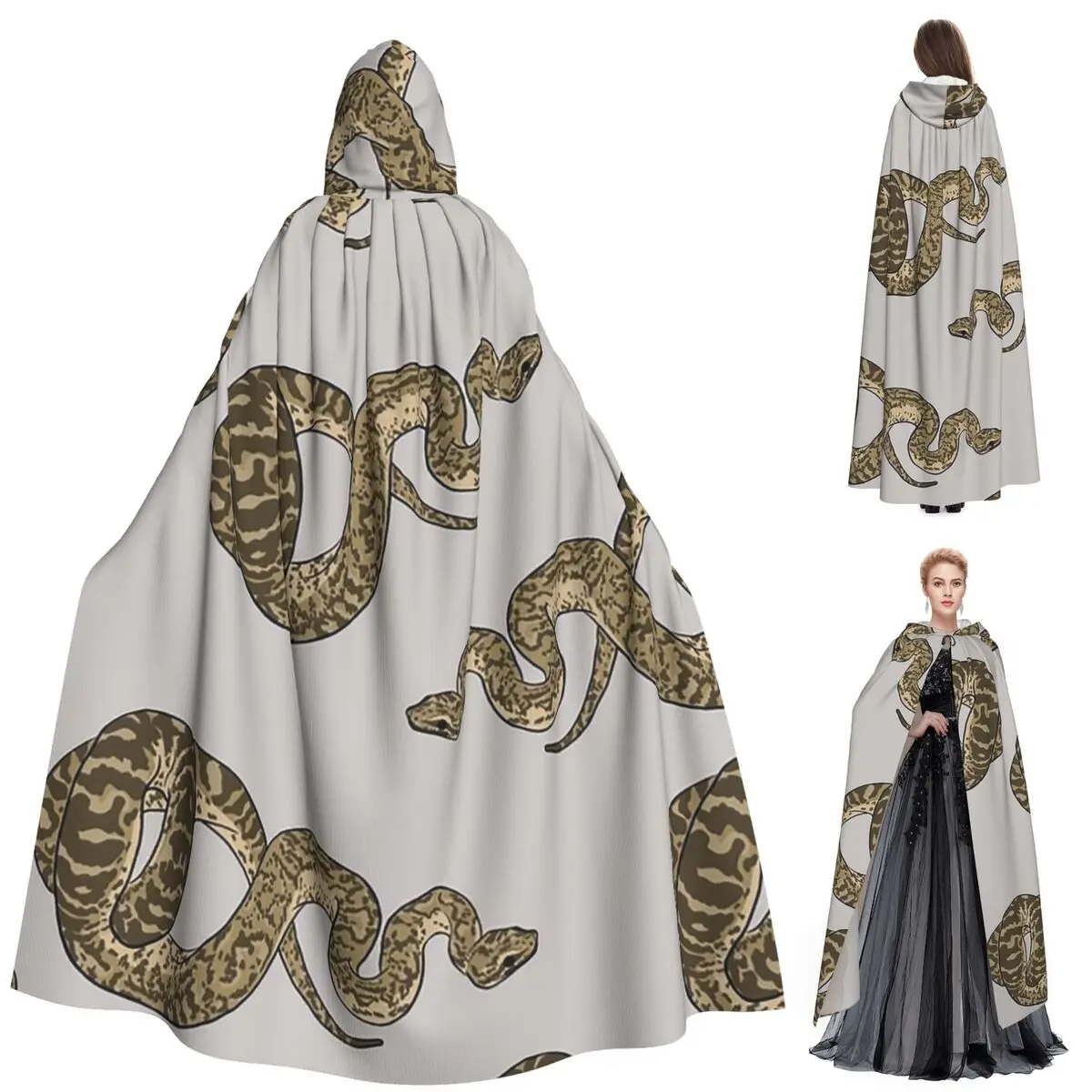 Ball Python Morph Snake Pattern Long Hooded Cloak Witch Medieval Costume Cosplay Cape HalloweenParty Adult Unisex