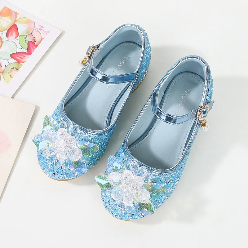 Kids'Casual Shoes Girls PU Leather Spring Crystal Bow Fashion Sport Outdoor High Heels Breathable Anti-slip Blue Pink Size 23-38