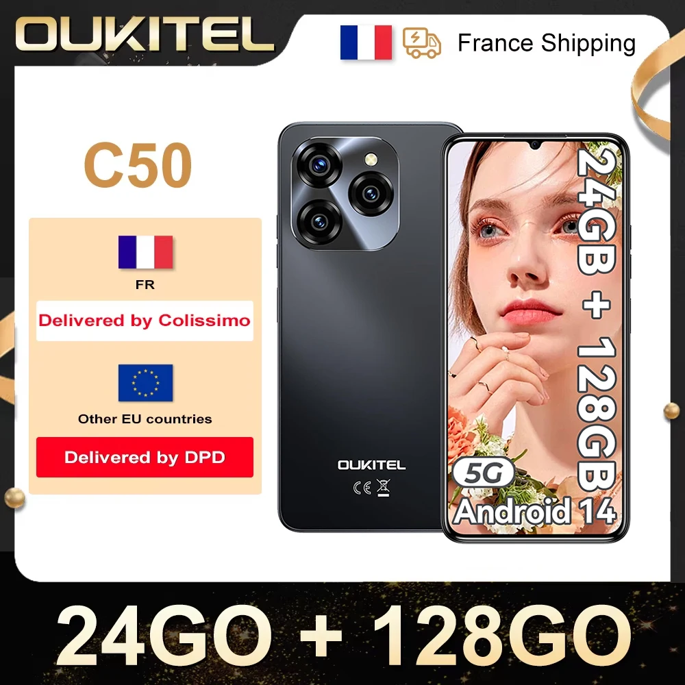 OUKITEL C50 Tlphone Portable Dbloqu 5G - Smartphone Android 14, 24GO+128GO/1TO, Smartphone Dbloqu 5100mAh, 50MP Camra, c