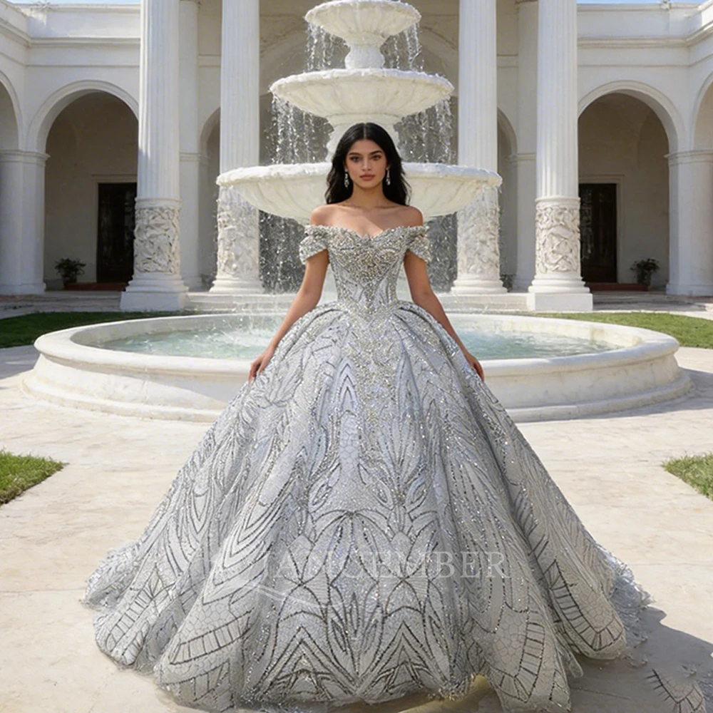 

Stylish Customized Luxury Ball Gown Wedding Dress Lace Beaded Short Sleeve First-rate Sparkling Bridal Gown Vestidos De Novia