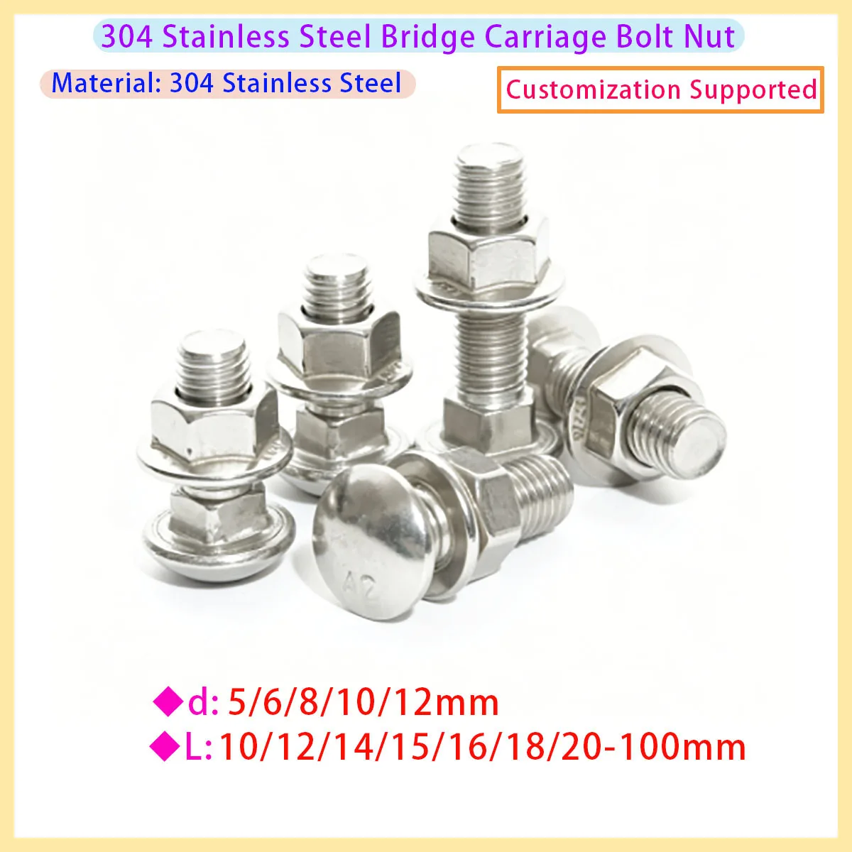 304 Stainless Steel Truss Round Head Square Neck Carriage Screw Coach Bolt Flange Nut Set M4 M5 M6 M8 M10 M12 A2-70