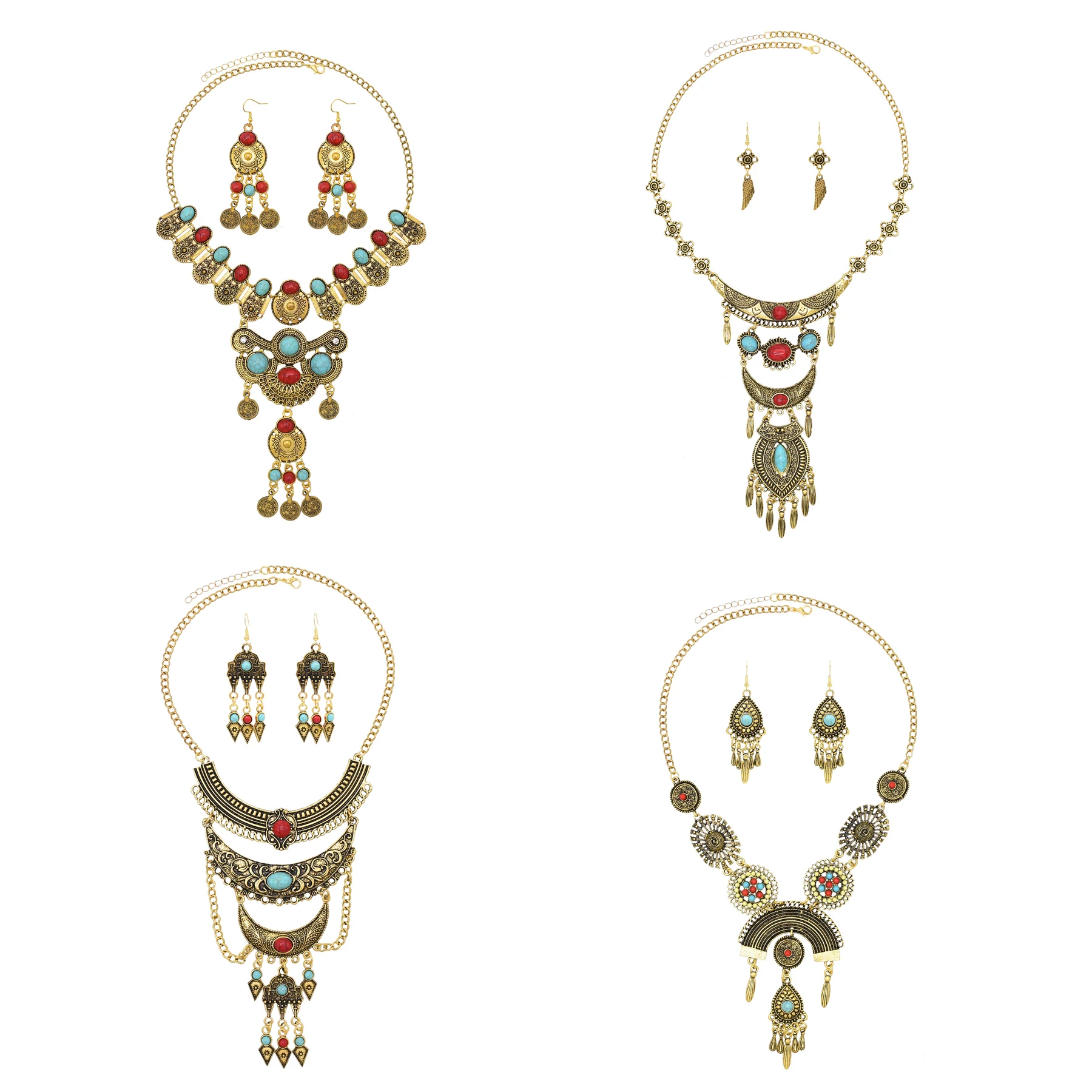 Conjunto de joyería de vestido étnico gitano bohemio tradicional, Luna Vintage, piedras preciosas coloridas, moneda, borla, colgante, collar, pendientes para mujer