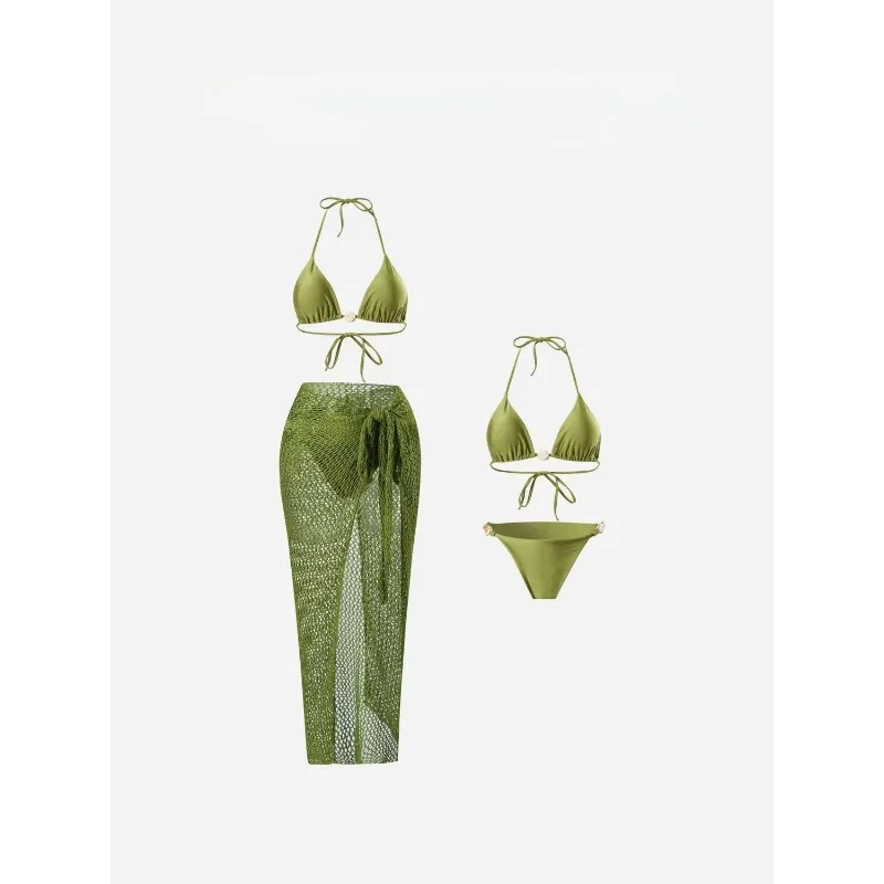 Conjunto de bikini de tres piezas estilo Hot Girl para mujer, color verde sólido, con top halter, falda cruzada de malla y efecto push-up, ideal para aguas termales.