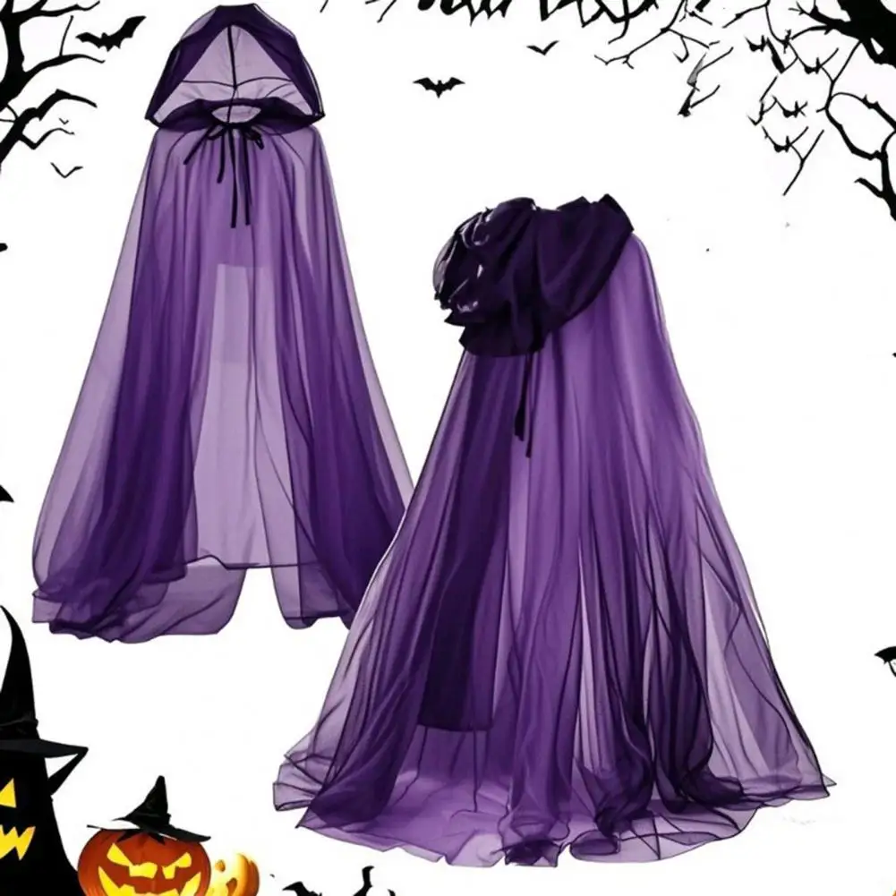 Halloween Ghost Cosplay Costume Cloak Adult Hooded Lace-up Witch Cloak Costume Full-Length Sheer Cape with Oversized Hood - Image 4