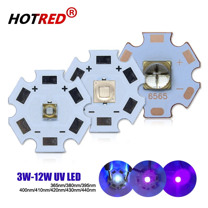 UV LED Chip Light para verificação de cura da impressora, roxo, 3V, 6V, 12V, 3W, 5W, 10W, 12W, 3535 XPE, 5050, XLM, LG6565, 365nm, 370nm, 395nm,