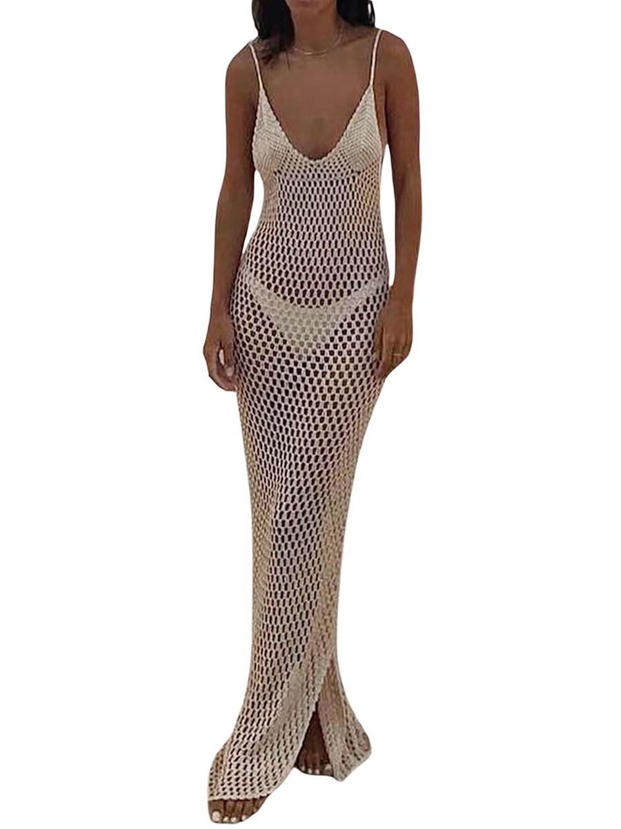 Smvp Women Knitted Beach Cover Ups Crochet Cutout Backless Beach Dress For Women Bikini Swimsuit Bathing Suit Summer Beachwear