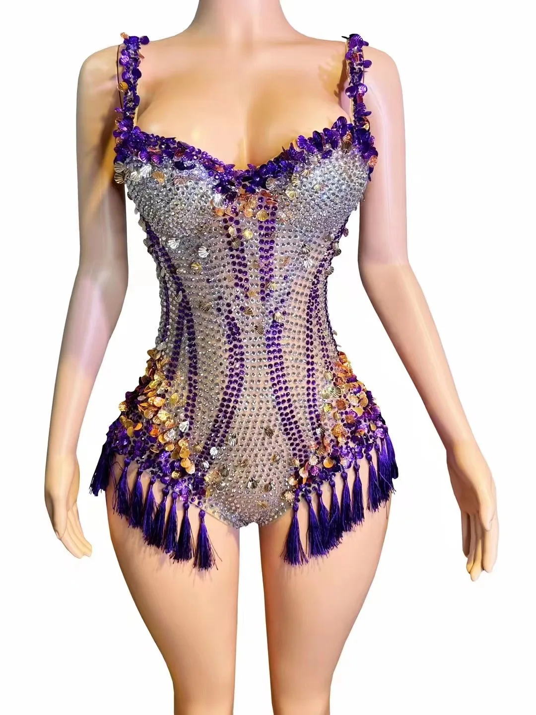 Sparkly Rhinestones Sequins Tassels V Neck Bodysuit Women Sexy Performance Dance Costume Nightclub Singer Dancer Photoshoot Wear