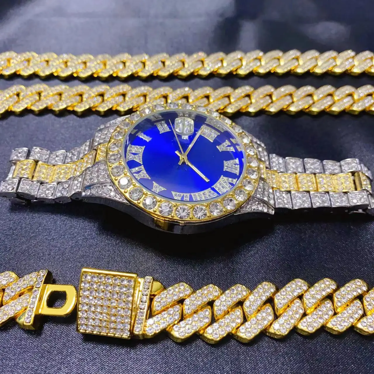 

3PCS Hip Hop Calendar Luxury Watch Necklace Bracelet Jewelry Set for Men Bling Gold Silver Diamond Man Box Iced Out Cuban Chains