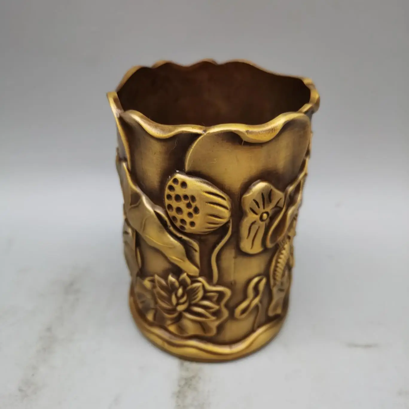 Collectible Bronze Lotus Sculpture Continuous Surplus Small Pen Pot Home Office Study Decor Gift for Teachers