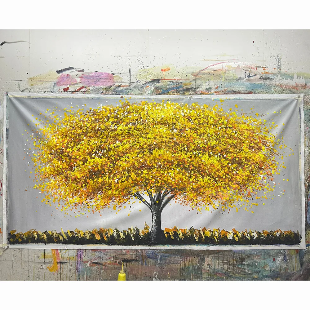 Arthyx Hand Painted Money Tree Oil Painting On Canvas Modern Abstract Landscape Wall Art Picture For Living Room Home Decoration