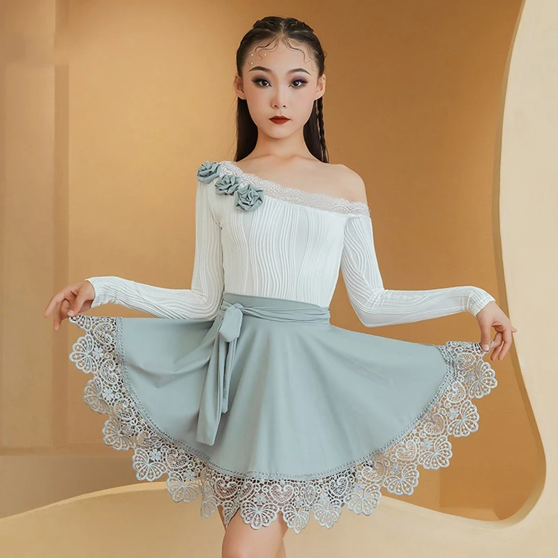 

New Latin Dance Clothes Girls Practice Performance Dress Set Long Sleeves White Tops Gray Lace Skirt Competition Costume BL14651