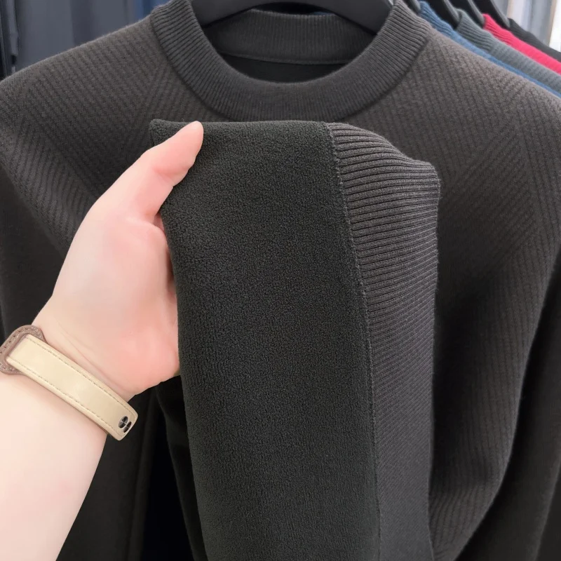 Men's autumn winter high quality fleece-lined long sleeves pullover round neck keep warm knit sweater leisure trend Men clothing