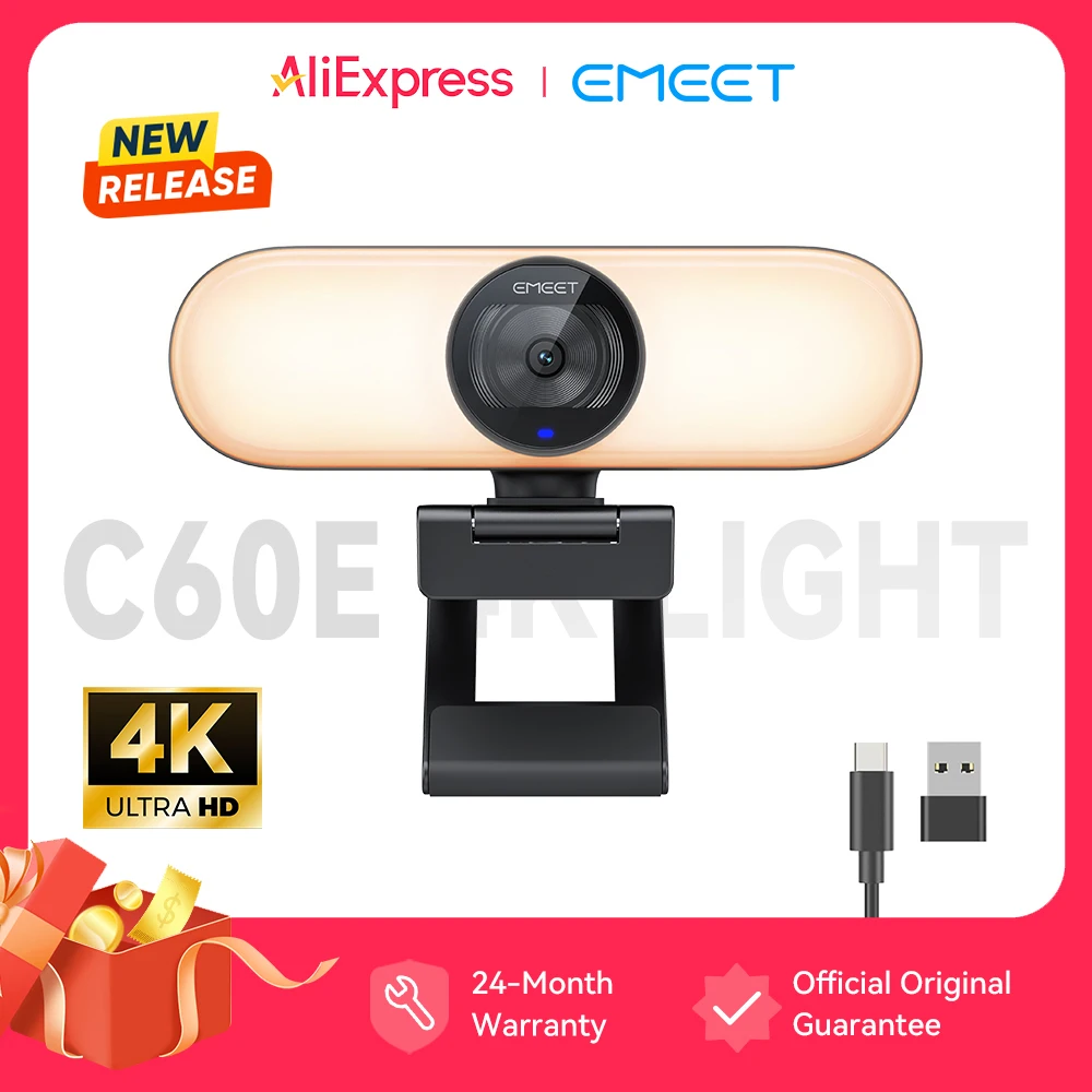 EMEET C60E 4K Webcam with Fill Light, Adjustable Brightness, 73° FOV, 8MP Autofocus PC Camera for Streaming Gaming Video Calls