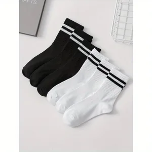 Medium -length socks for men, high, black and white tube, parallel, popular bars and sweat absorption, 6 pairs 8 Main Sales White Pantyhose - №2