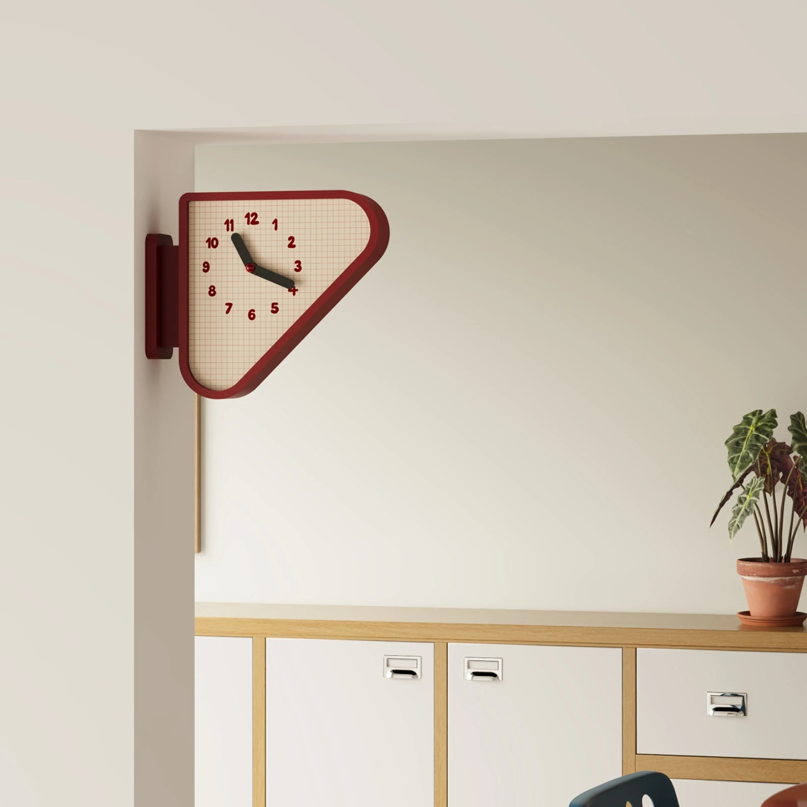 Triangular Wall Clock Grid-Pattern Dial Corner Clock Home Decor Side-Mounted Black Hands