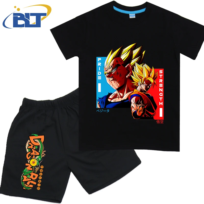 Conjunto de camiseta de Anime Dragon Ball Son Goku, pantalones cortos de algodón de manga corta para niños, conjunto de 2 piezas, ropa de dibujos animados para niños y niñas